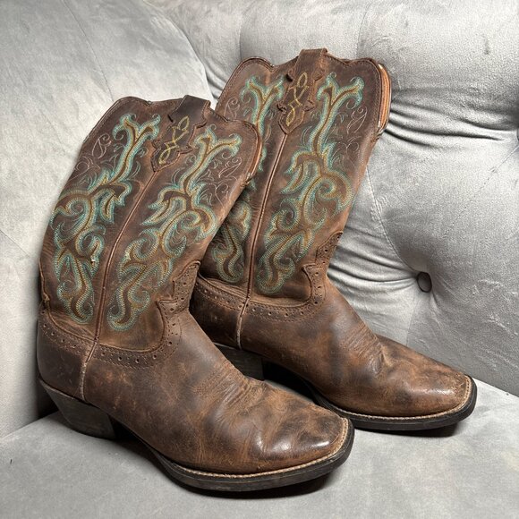 Justin Brown Leather Western Cowboy Boots Embroidered – Size 7B - Picture 4 of 11